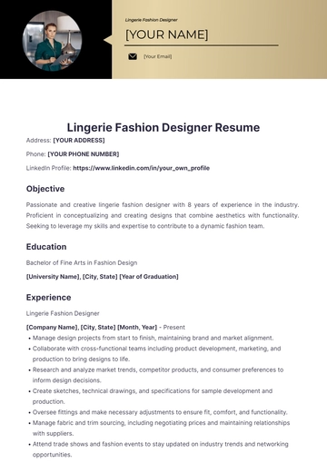 Free Lingerie Fashion Designer Resume to Edit Online