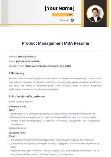 Free Product Management MBA Resume to Edit Online
