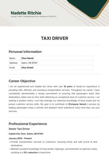 Free Taxi Driver Resume Template to Edit Online