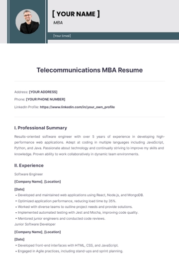 Free Telecommunications MBA Resume to Edit Online