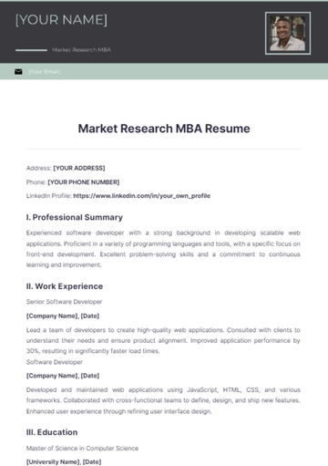 Free Market Research MBA Resume to Edit Online