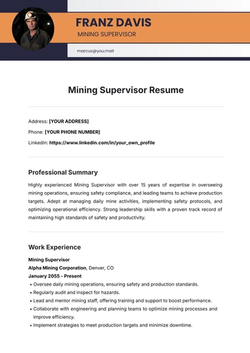 Free Mining Supervisor Resume Template to Edit Online