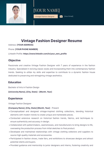 Free Vintage Fashion Designer Resume to Edit Online