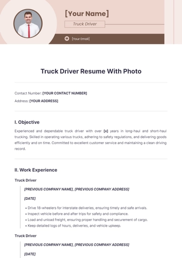 Free Truck Driver Resume With Photo to Edit Online