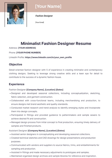 Free Minimalist Fashion Designer Resume to Edit Online