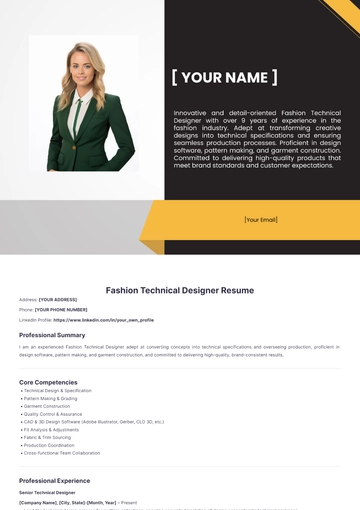 Free Fashion Technical Designer Resume to Edit Online