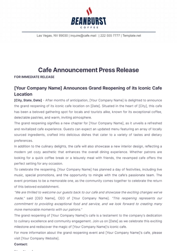 Free Cafe Announcement Press Release Template to Edit Online