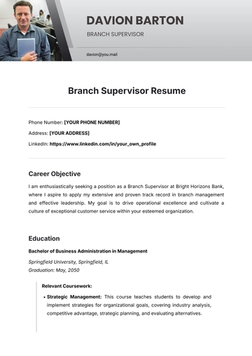 Free Branch Supervisor Resume Template to Edit Online