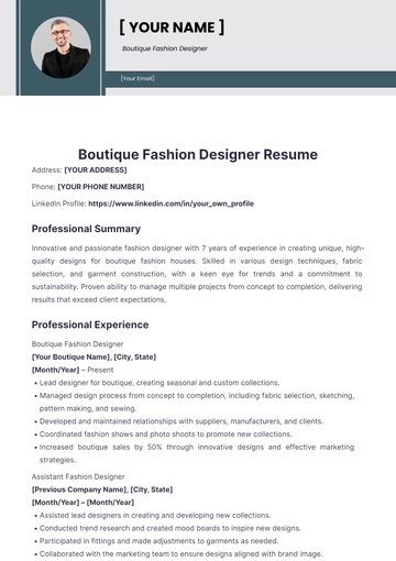 Free Boutique Fashion Designer Resume to Edit Online