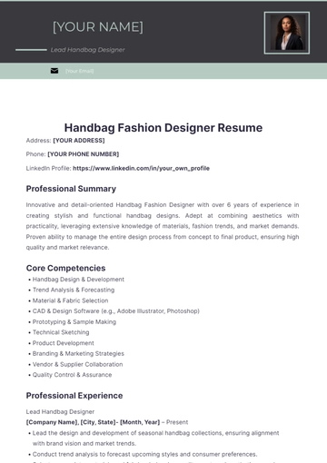 Free Handbag Fashion Designer Resume to Edit Online