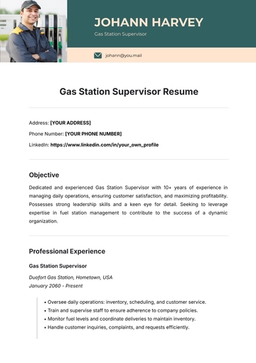 Free Gas Station Supervisor Resume Template to Edit Online