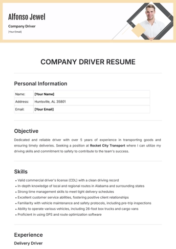Free Company Driver Resume Template to Edit Online