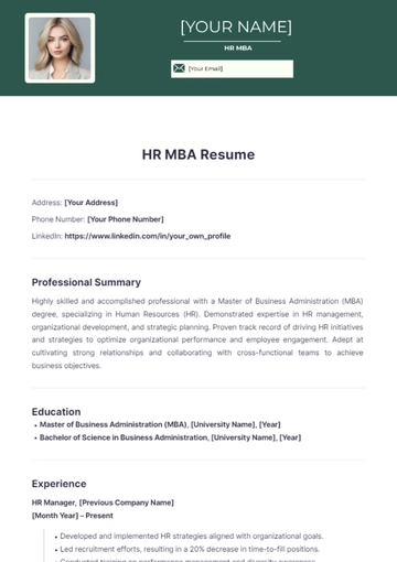 Free HR MBA Resume to Edit Online