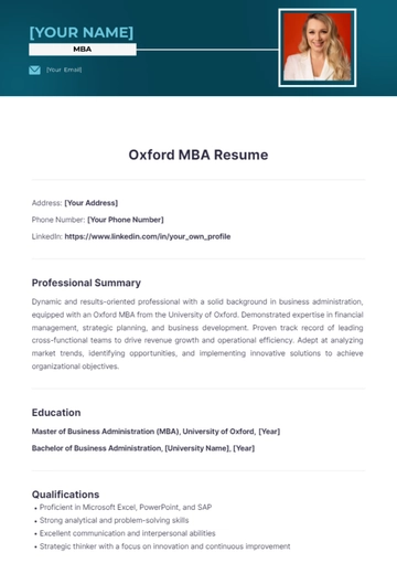 Free Oxford MBA Resume to Edit Online