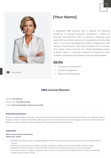 Free MBA Lecturer Resume to Edit Online