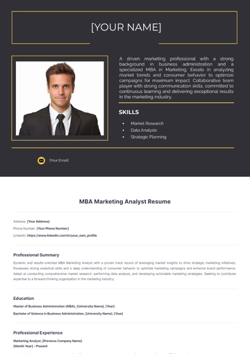 Free MBA Marketing Analyst Resume to Edit Online