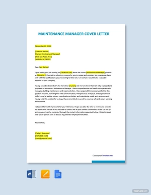 Maintenance Manager Cover Letter