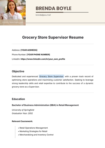Free Grocery Store Design Supervisor Resume Template to Edit Online