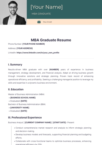 Free MBA Graduate Resume to Edit Online