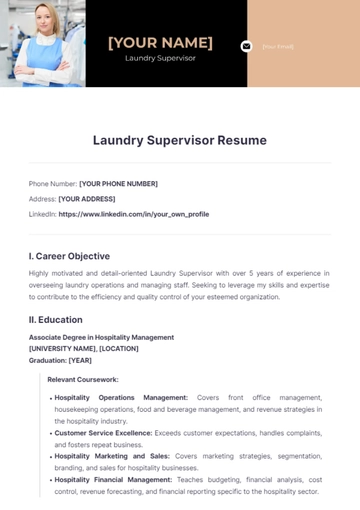 Free Laundry Supervisor Resume to Edit Online