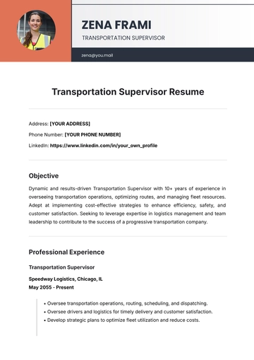 Free Transportation Supervisor Resume Template to Edit Online