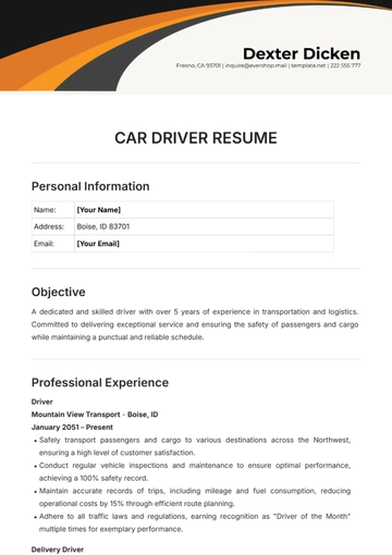 Free Car Driver Resume Template to Edit Online