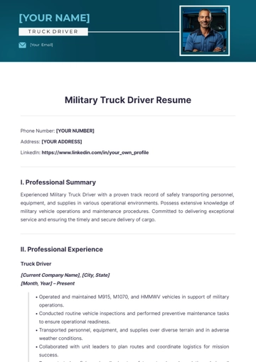 Free Military Truck Driver Resume to Edit Online