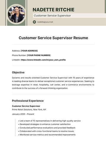 Free Customer Service Supervisor Resume Template to Edit Online