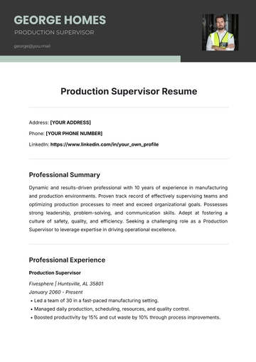 Free Production Supervisor Resume Template to Edit Online