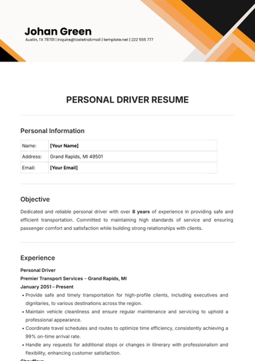 Free Personal Driver Resume Template to Edit Online
