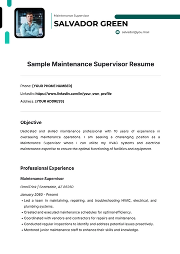 Free Sample Maintenance Supervisor Resume Template to Edit Online