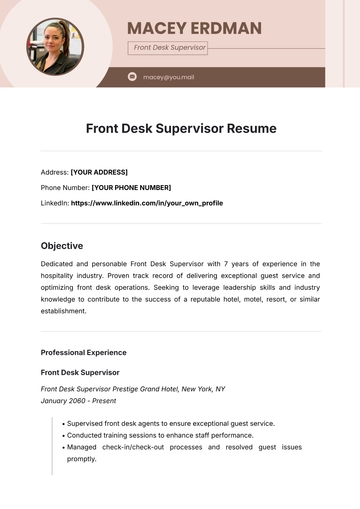 Free Front Desk Supervisor Resume Template to Edit Online