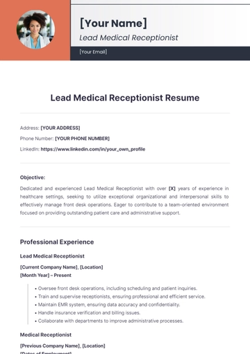 Free Lead Medical Receptionist Resume to Edit Online