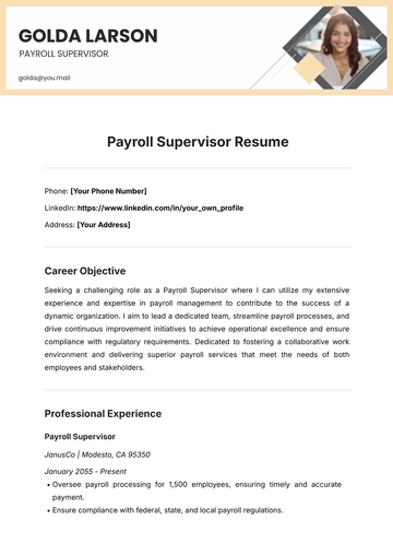 Free Payroll Supervisor Resume Template to Edit Online