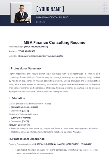 Free MBA Finance Consulting Resume to Edit Online