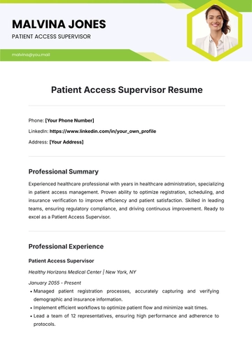 Free Patient Access Supervisor Resume Template to Edit Online