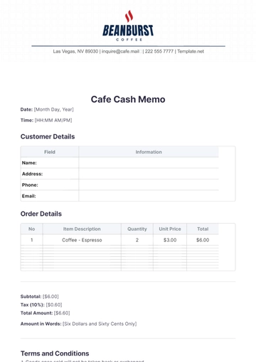 Free Cafe Cash Memo Template to Edit Online