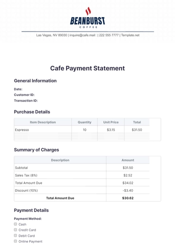 Free Cafe Payment Statement Template to Edit Online