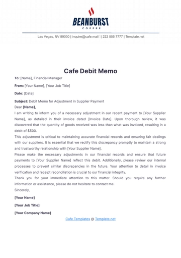 Free Cafe Debit Memo Template to Edit Online