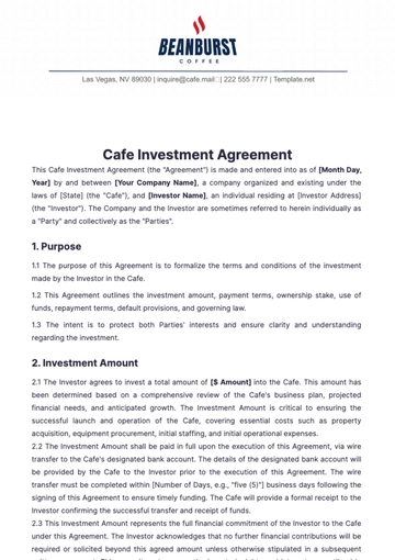 Free Cafe Investment Agreement Template to Edit Online