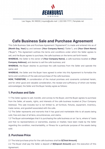 Free Cafe Business Sale and Purchase Agreement Template to Edit Online
