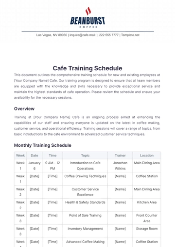 Free Cafe Training Schedule Template to Edit Online
