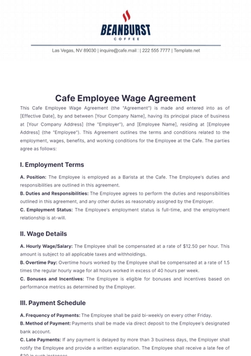 Free Cafe Employee Wage Agreement Template to Edit Online