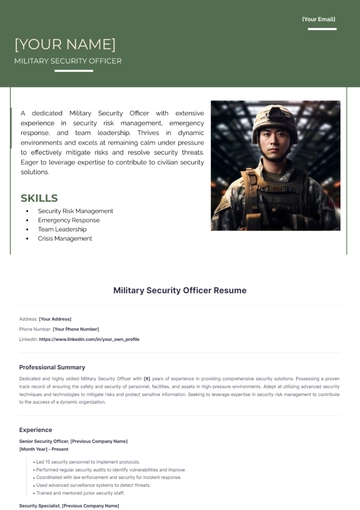 Free Military Security Officer Resume to Edit Online