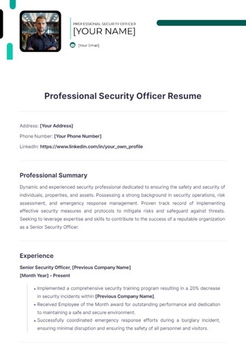 Free Professional Security Officer Resume to Edit Online