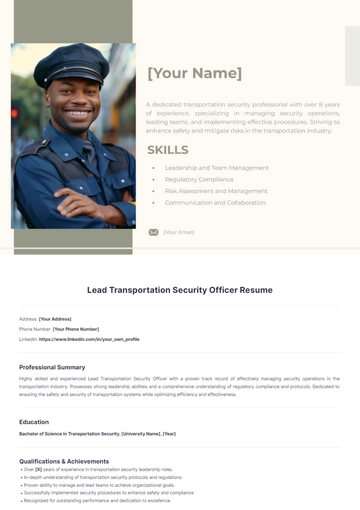 Free Lead Transportation Security Officer Resume to Edit Online