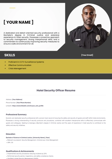 Free Hotel Security Officer Resume to Edit Online