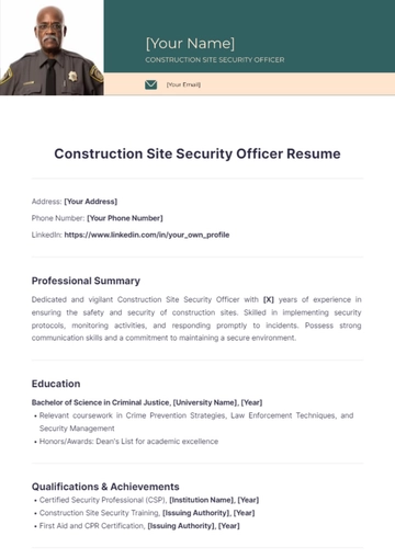 Free Construction Site Security Officer Resume to Edit Online