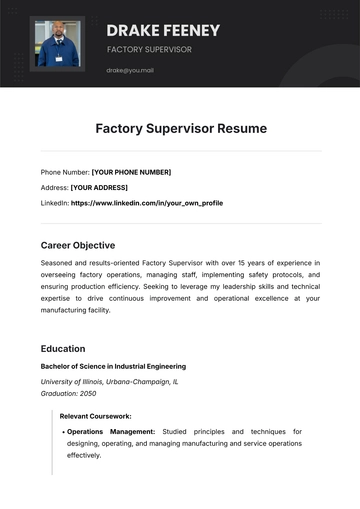 Free Factory Supervisor Resume Template to Edit Online