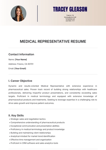 Free Medical Representative Resume Template to Edit Online